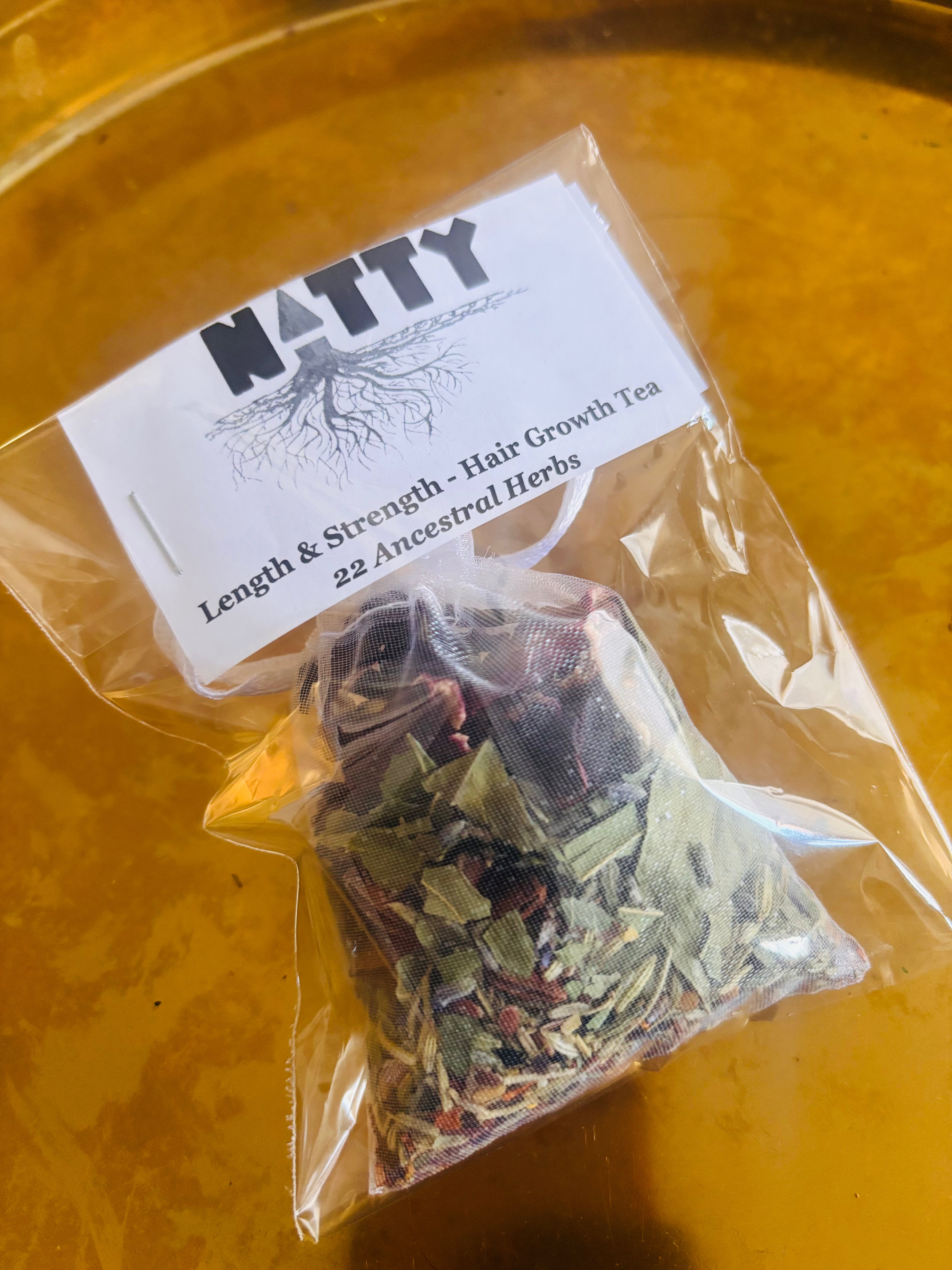 22 Ancestral Herbs that offer your hair  Length & Strength.
1 tea bag = 1 month supply

Packed antioxidants, antimicrobials, vitamins. and nutrients that promote hair growth. 

Keep in NATTY 
- Natural and True To Yourself